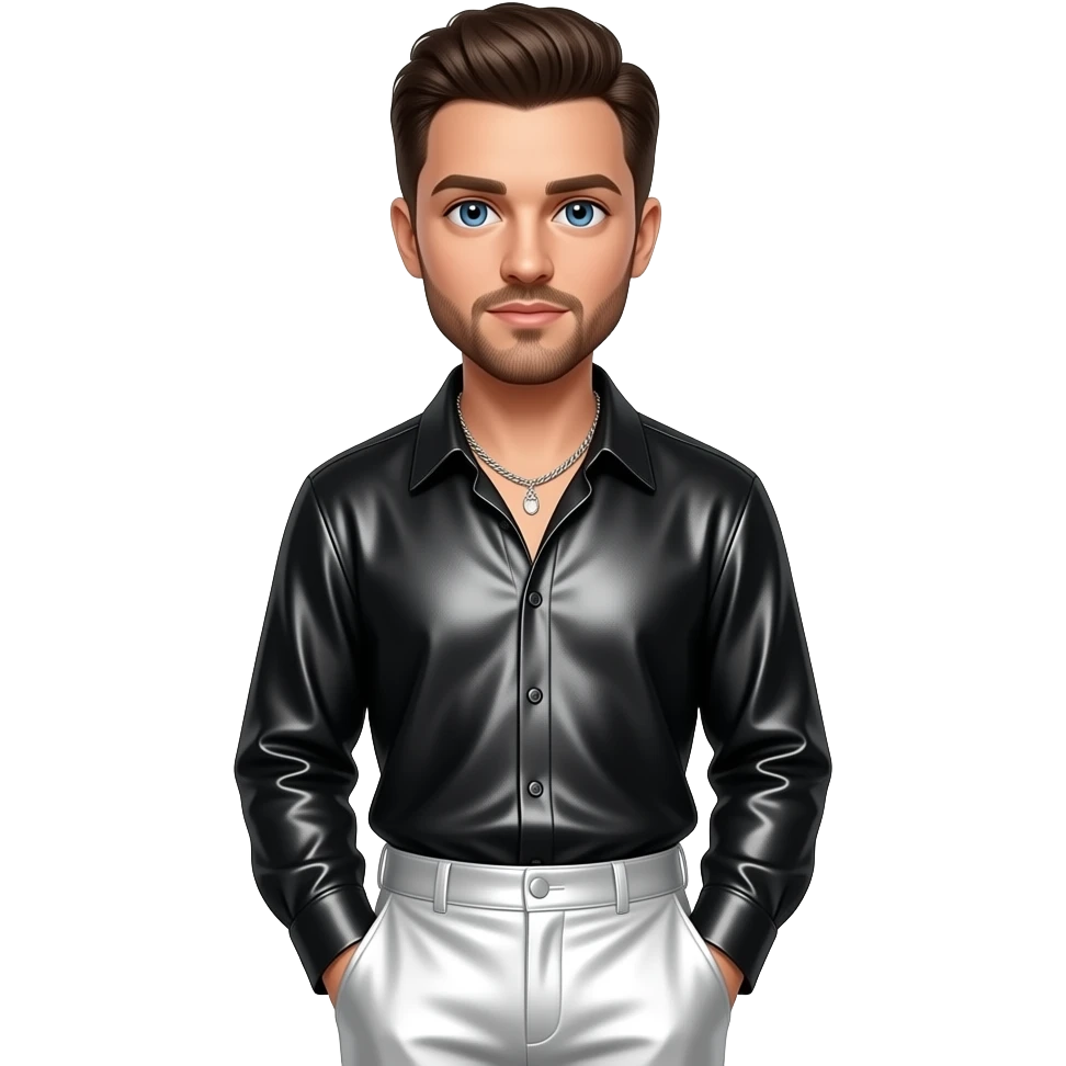 Robin Thicke with blue eyes, dark brown hair, black metallic blouse, white metallic baggy pants, necklace emoji