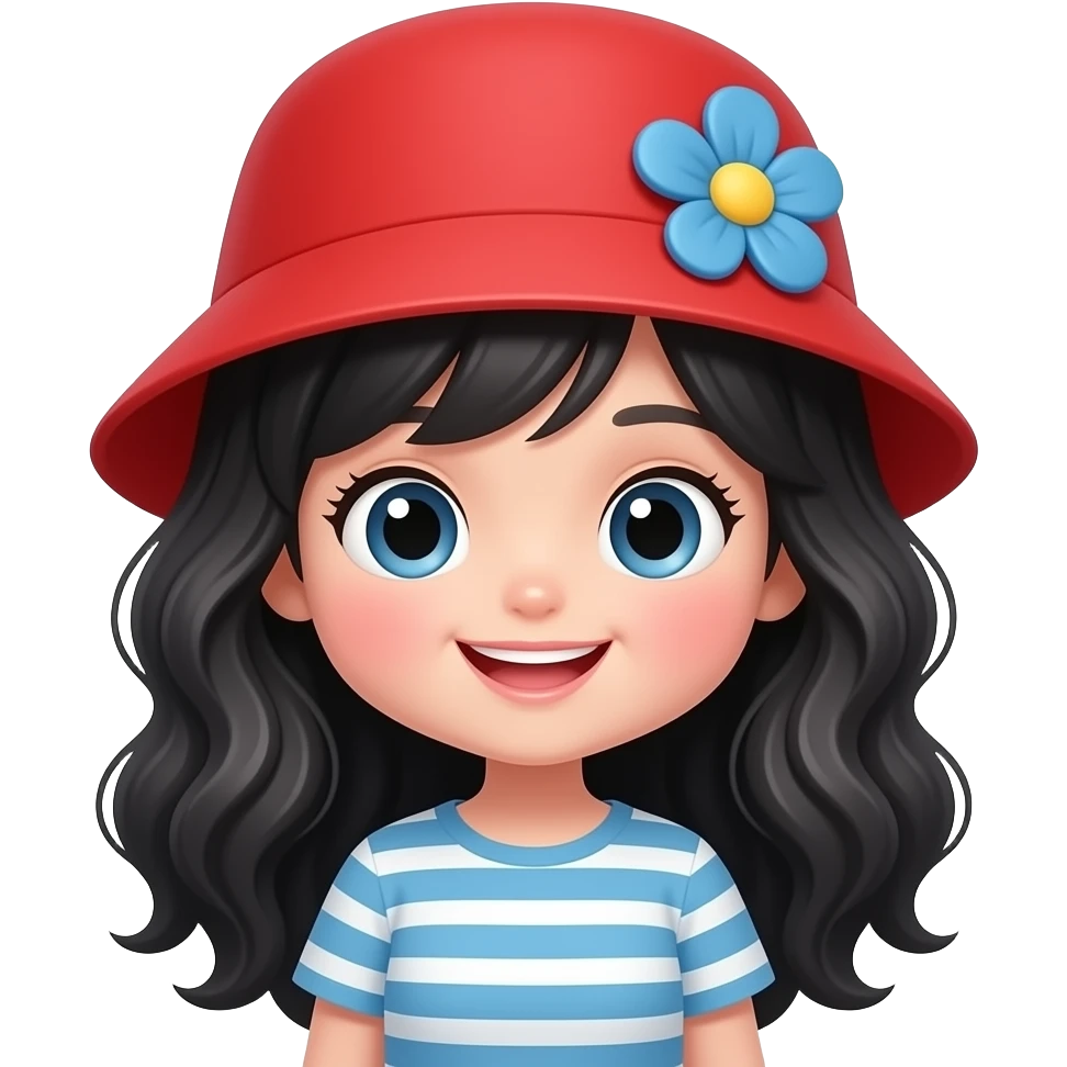 Cute chibi girl emoji, long black wavy hair, red bucket hat with blue flower, cheerful smile, glossy 3D cartoon, white outline sticker, transparent background. emoji