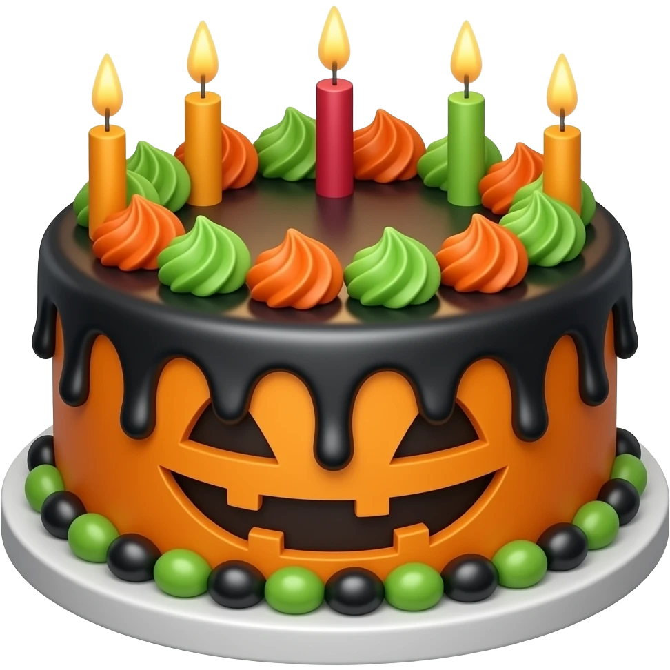 Halloween cake, with black orange, green, red, and white emoji