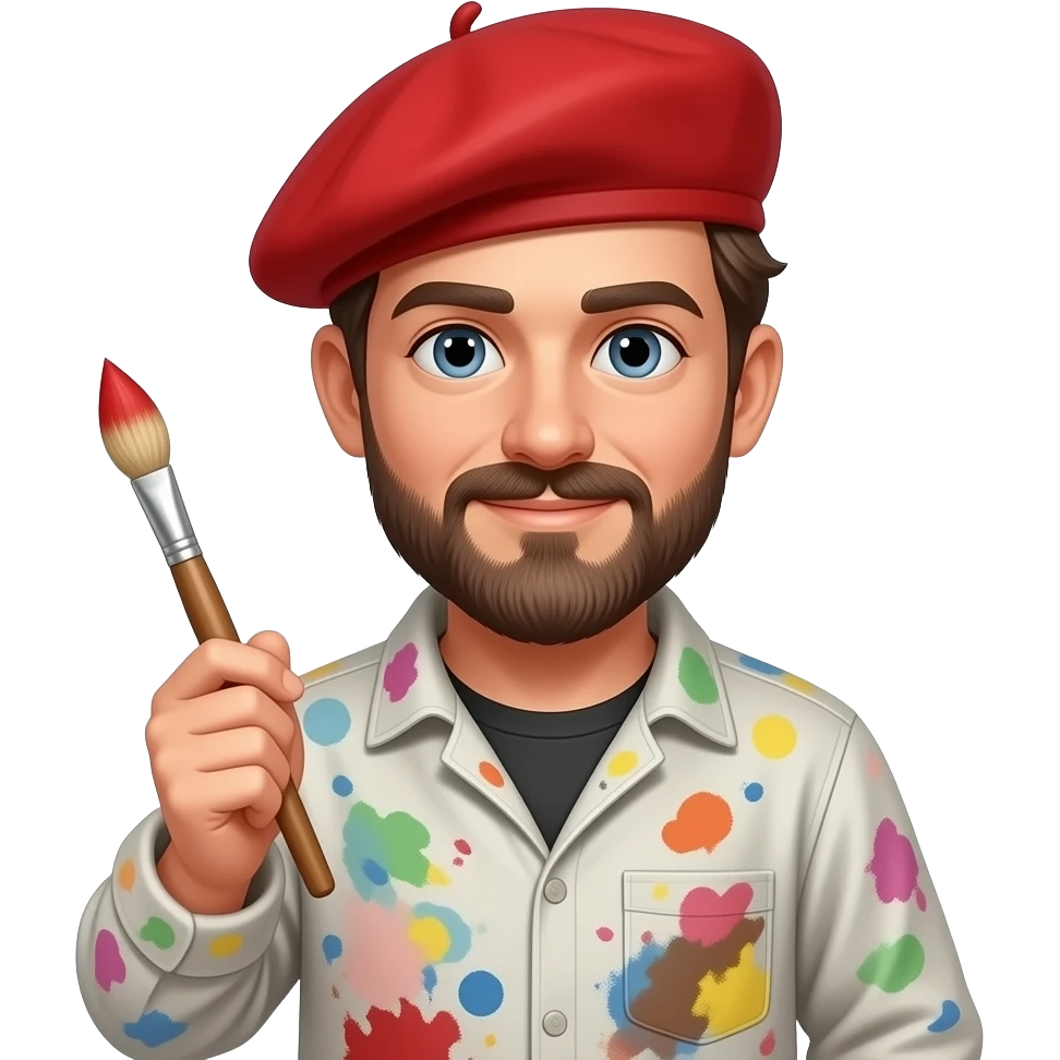male artist with beret paint-splattered smock holding a brush emoji