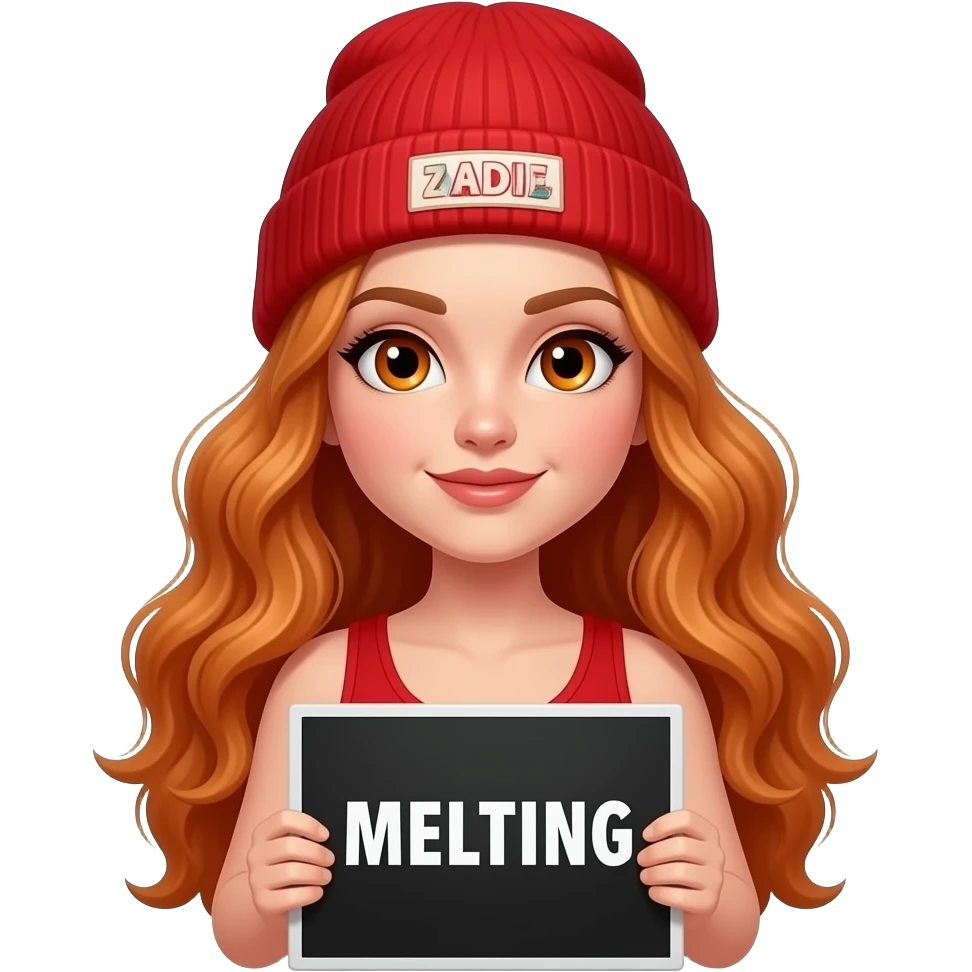 sexy girl with overlong wavy ginger hair and ginger eyes wearing a red tanktop and a red beanie with ZADIE written on it, is holding a black sign with MELTING written on it emoji