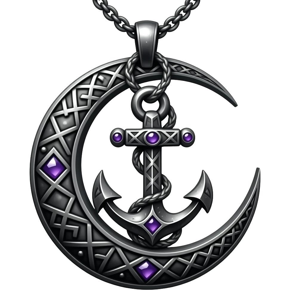 „blackened crescent‑moon and anchor pendant fused together, intricate runic engravings, small purple crystals, moonlight reflecting on metal, ethereal atmosphere, high detail, no characters“ emoji