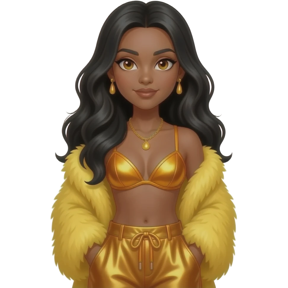 Chilli from TLC with brown eyes, long black hair, yellow fur shawl, amber metallic bra, amber metallic baggy pants, necklace and earrings emoji