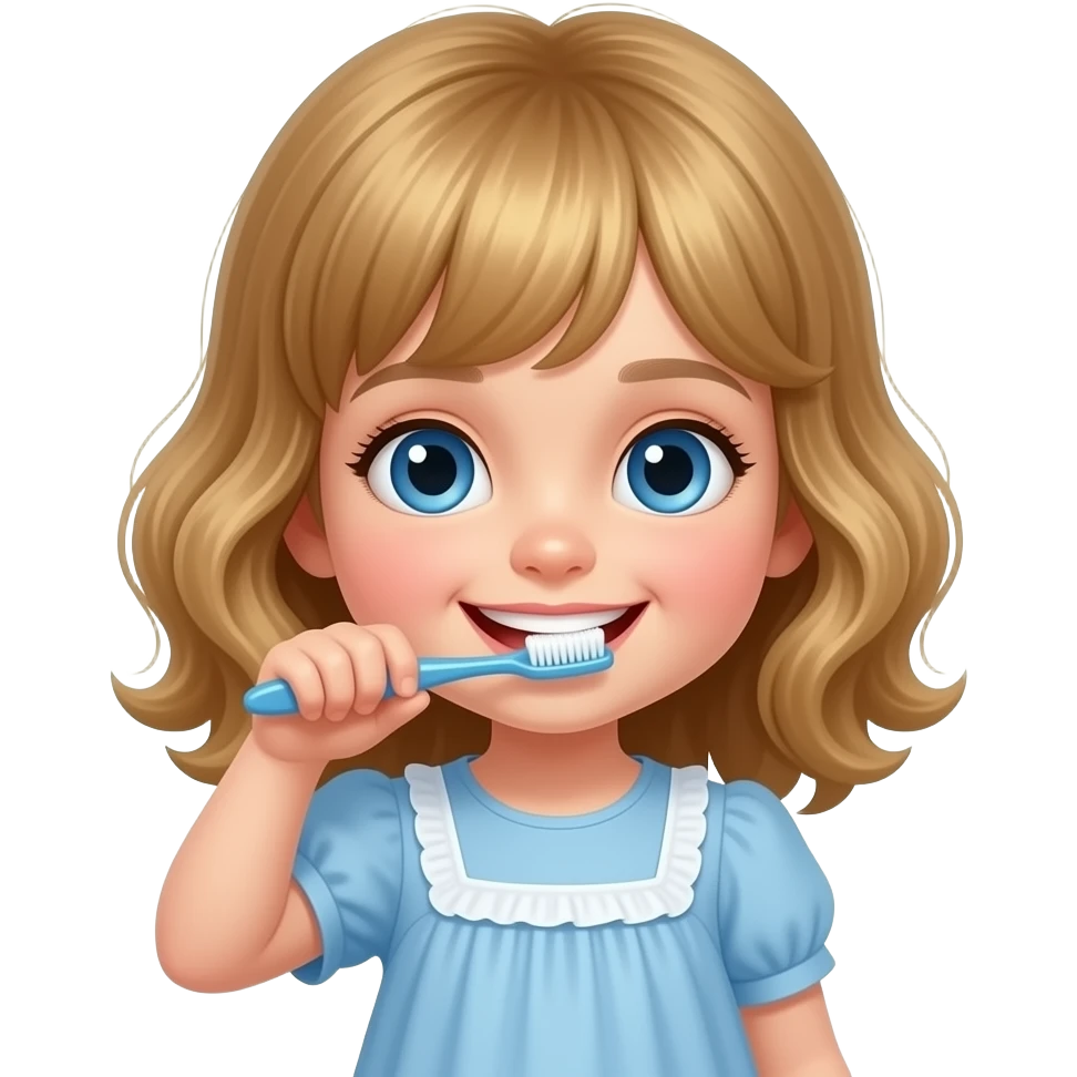 white kid blue eyes mid length with bangs soft curly hair to shoulders in color: middle to little darker blonde, in a dress, brushing her teeth emoji