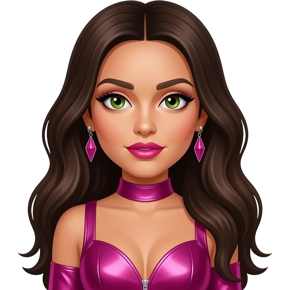 Jesy Nelson from Little Mix with hazel green eyes, long dark brown hair, magenta metallic tour outfit, earrings, hot pink makeup emoji