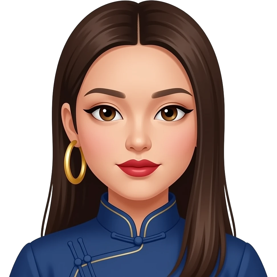 asian mongolian girl with long brown straight hair left side partedwith big thick gold hoop earring and monolid eyes with red lipstick and cateye eyeliner and eye inner corner eyeliner fox eye narrow eyes, monolids only makeup emoji