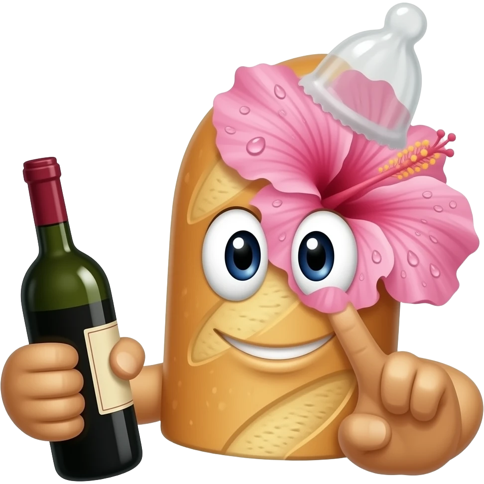 Baguette avec bouche yeux et bras, avec un preservatif sur le haut de la tete et une bouteille de vin dans la main. L'autre main a 2 doigts tendus et collés touchant le centre d'un hibiscus qui a beaucoup de gouttes d'eau sur les petales. Le bout du preservatif est rempli d'un liquide blanc emoji
