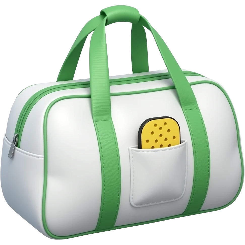 Apple iOS style white sports bag emoji, glossy 3D duffel bag with visible front paddle pocket holding a pickleball paddle, green accent details and piping, minimal luxury design, front-facing, smooth shading, ultra detailed, clean background, premium iOS emoji aesthetic emoji