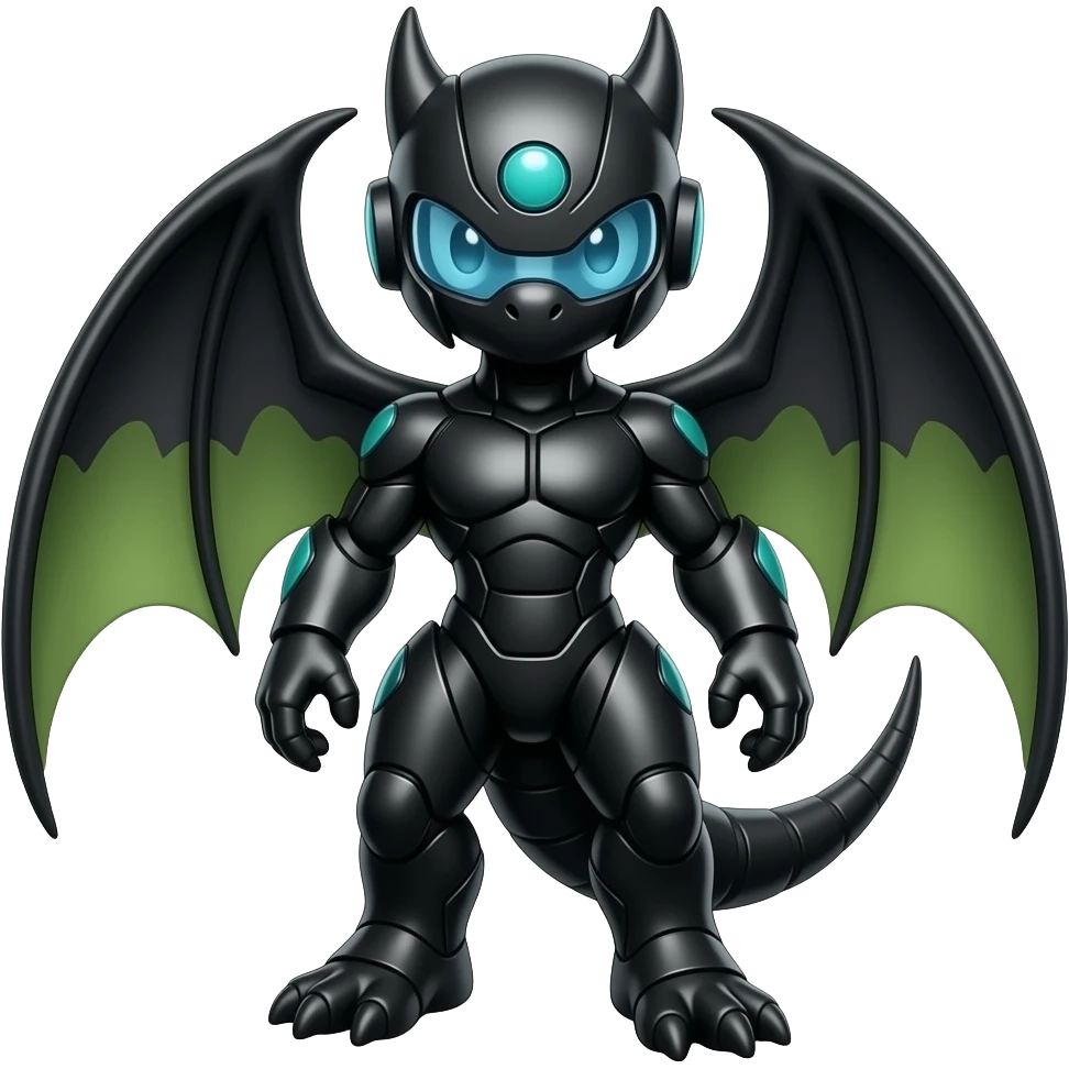 a shiny black Genesect-Flygon-Raptor-Fakémon—hybrid with a futuristic visor-helmet full body emoji