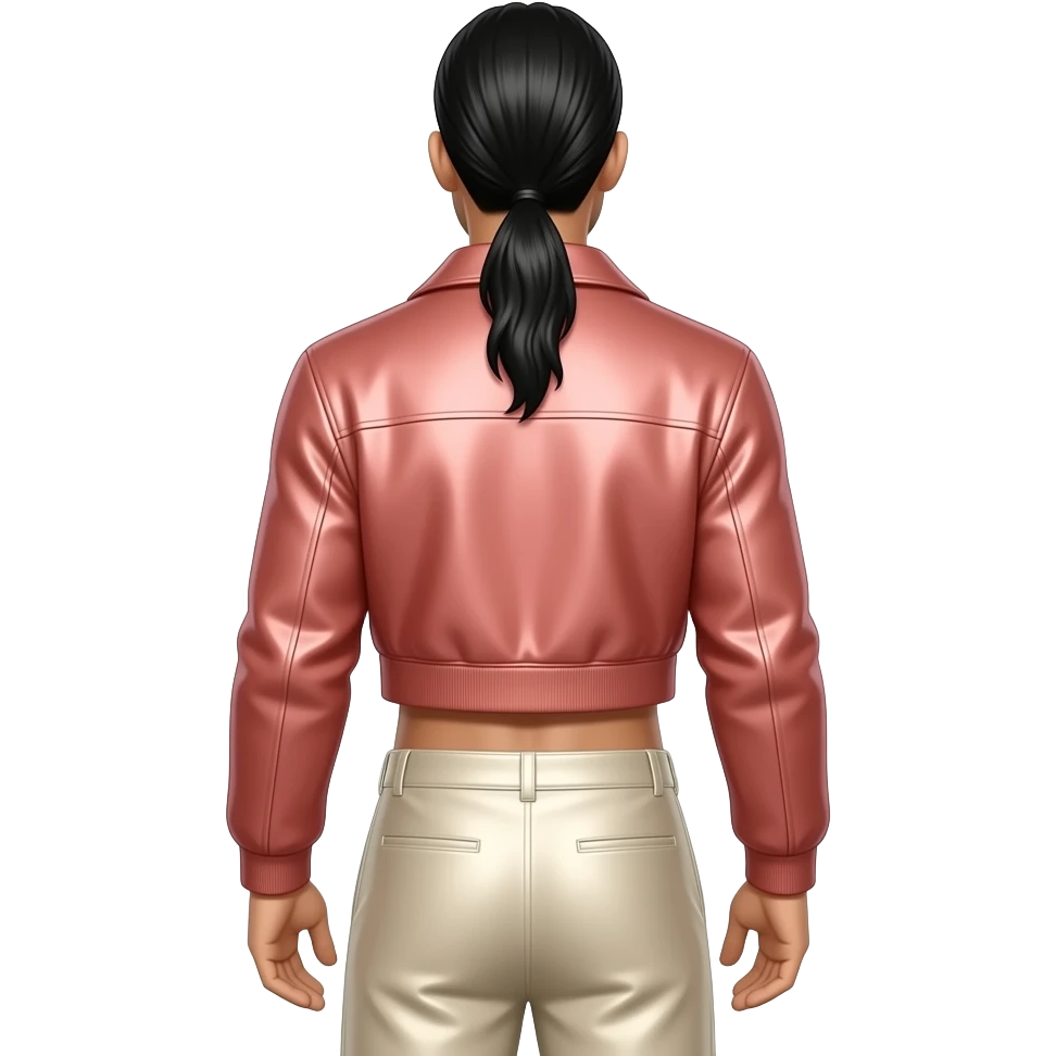 Howie Dorough from behind with long black low ponytail hair, coral metallic jacket crop top, ivory metallic baggy pants, shirtless emoji