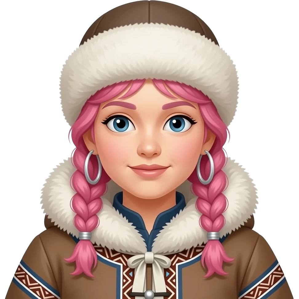 eskimo girl with pink curly hair and big earrings in classic eskimo outfit emoji