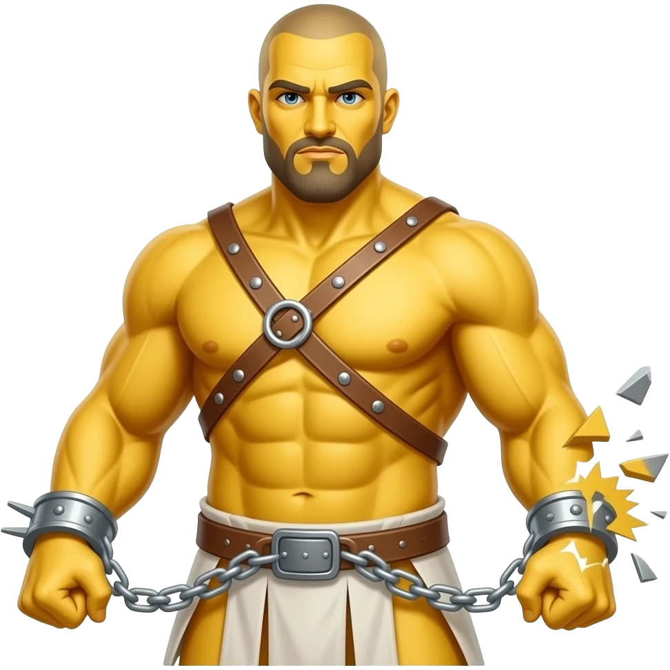 spartacus, minimal, full body, yellow skin, tipical emoji caracter style, more emojis style, more minimal, with weapons, more simplistic, emoji style, not to detail, not to cartoonish, not to realistic, shackles on wrist with broken chains emoji