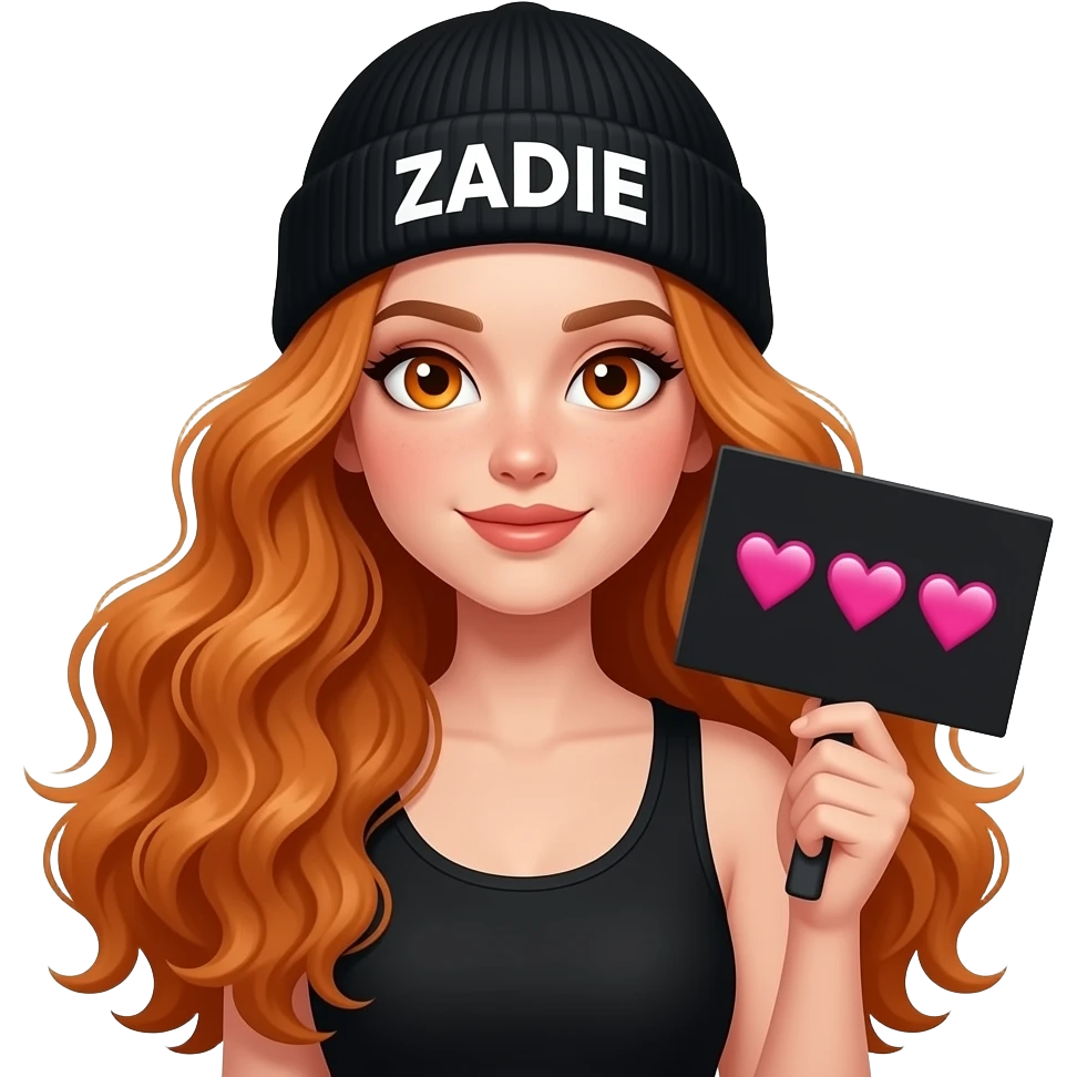 sexy girl with overlong wavy ginger hair and ginger eyes wearing a black tanktop and a black beanie with ZADIE written on it, is holding a black sign with 💗💗💗 on it emoji
