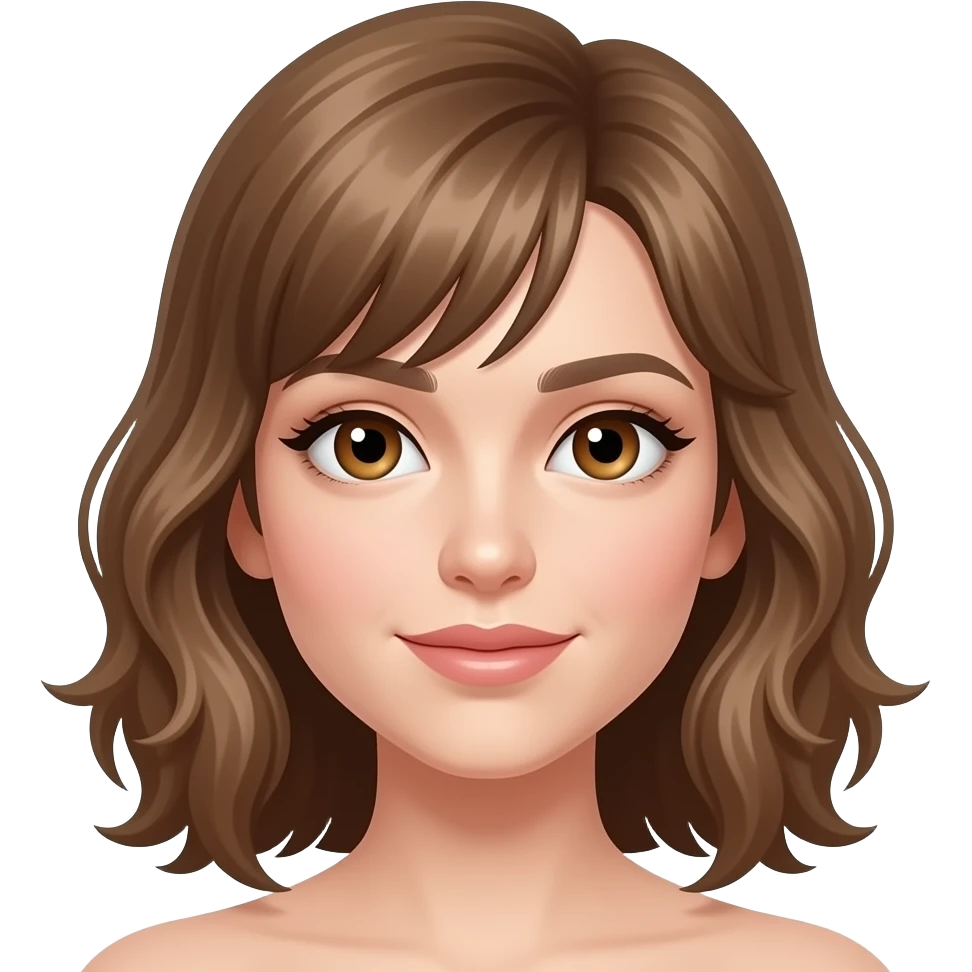 White female w hazel eyes light brown wavy shoulder length hair w bangs swept to the side emoji