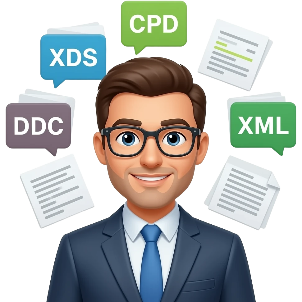 master data specialist with xls csv xml sheets around his head emoji