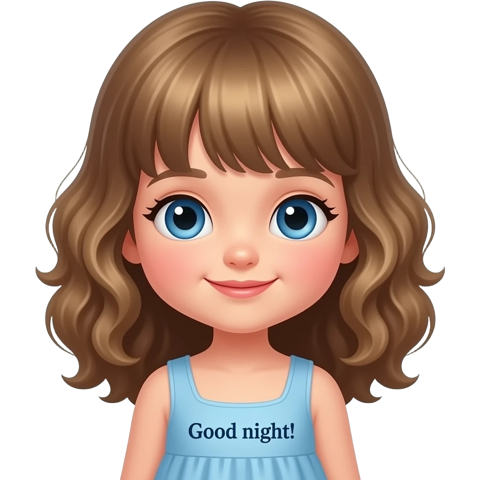 white kid blue eyes mid length with bangs soft curly hair to shoulders in color: middle to little darker blonde, in a dress, good night emoji