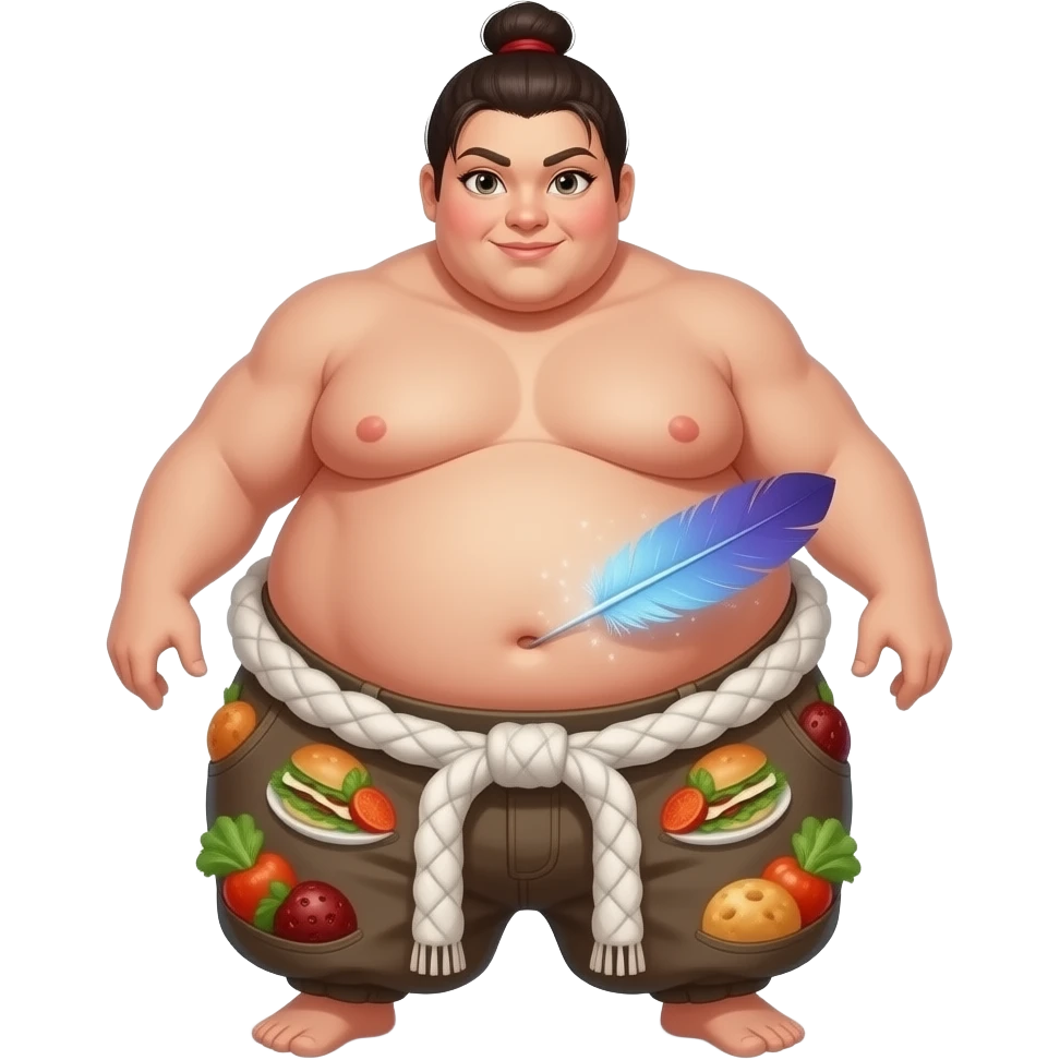 A girl sumo warrior,she is stuffed silly after all you can eat buffet,her giant food baby belly hangs over her pants & busted belt,her bellybutton gets tickled by a magical feather. emoji
