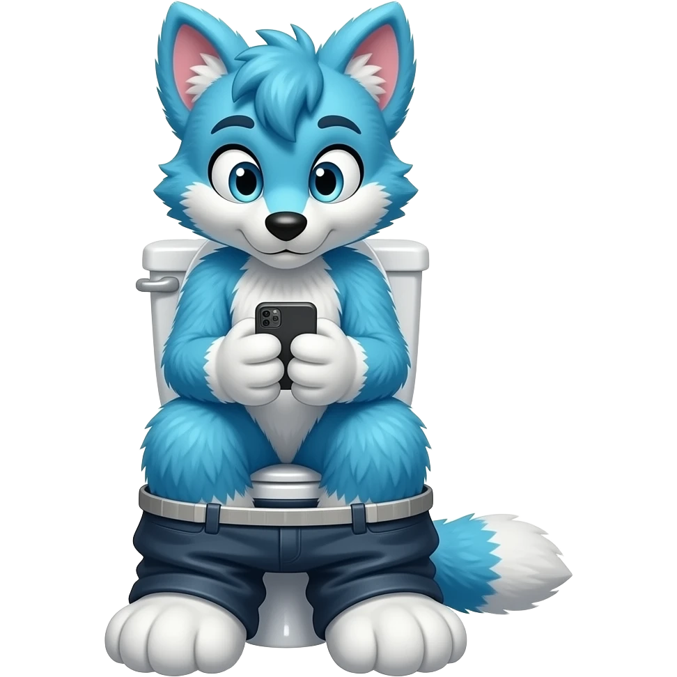 blue fursuit sitting on toilet, front view, legs together, looking down at phone emoji