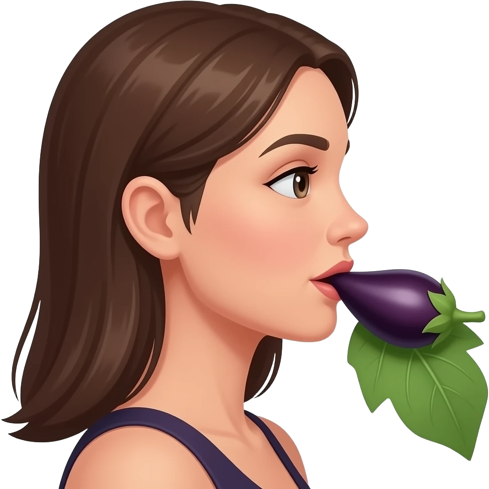 Side view Woman with an eggplant  in her mouth Leaf side out emoji
