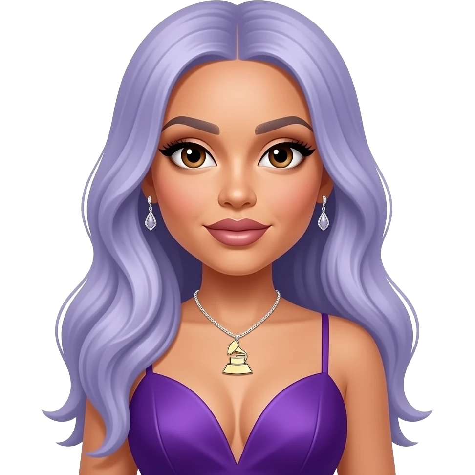 Cardi B with brown eyes, long periwinkle hair, periwinkle grammy dress, necklace and earrings emoji