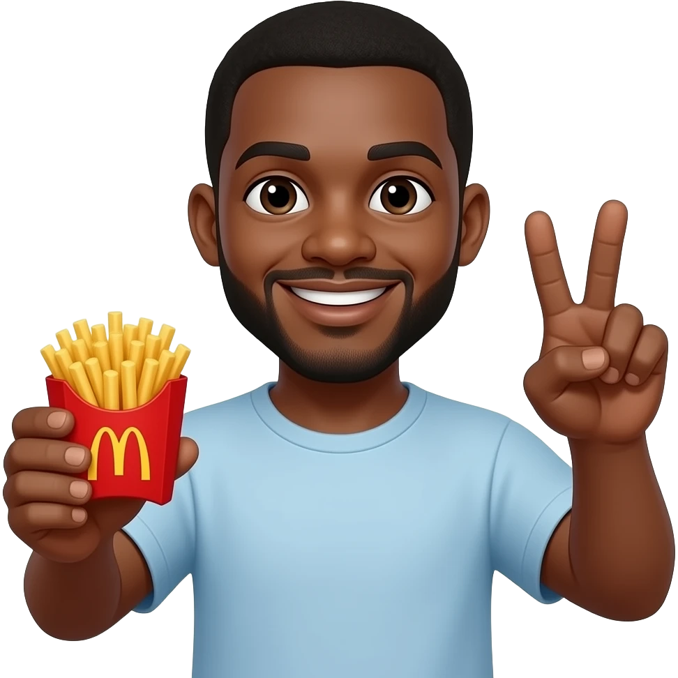 Man emoji who’s black with mc Donald’s small fry in on hand and peace sign with other while smiling emoji
