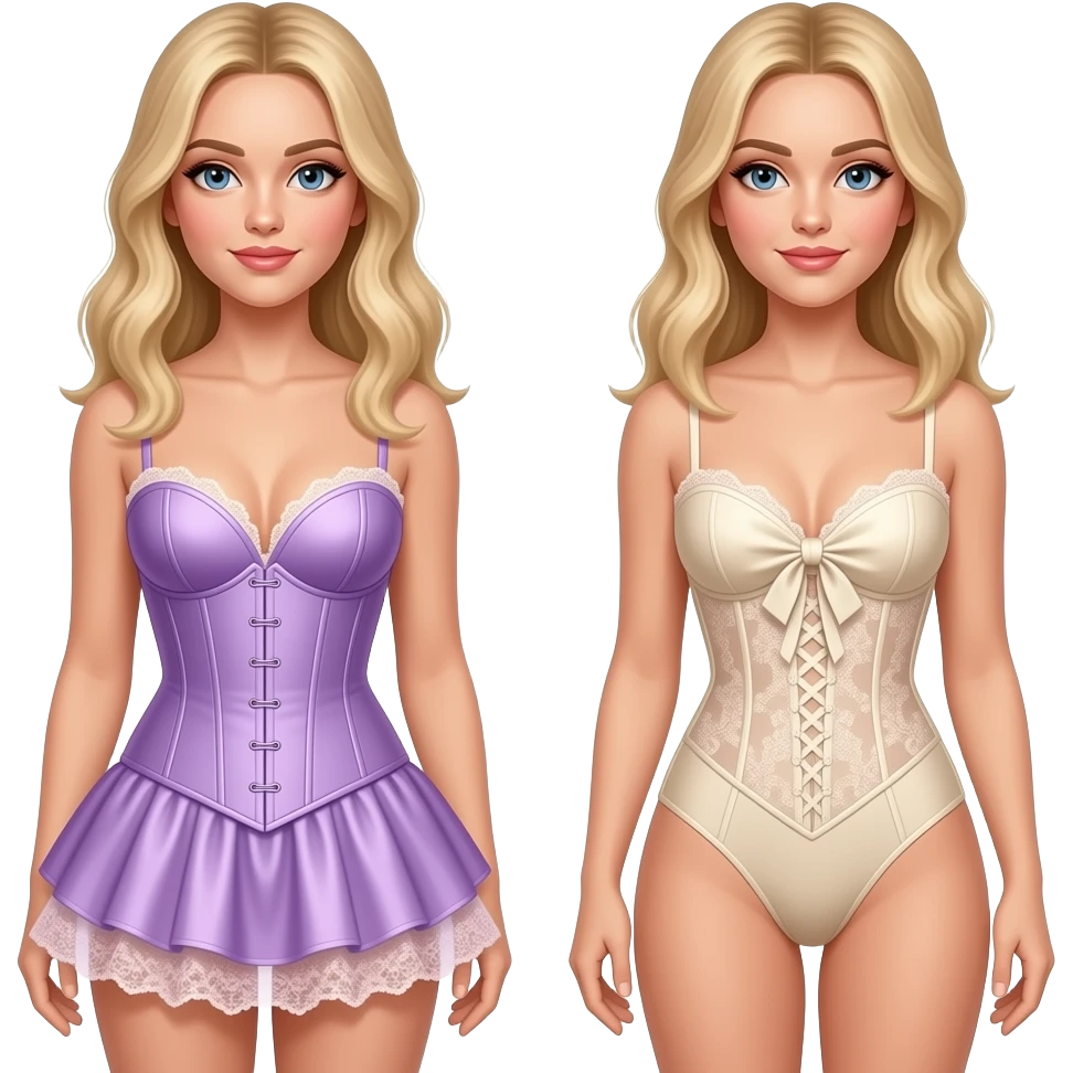 Madonna wearing lilac satin corset with structured boning and a sweetheart neckline, paired with a matching lace-trimmed ruffled hem and Sabrina carpenter blonde hair wearing cream-colored bodysuit with a knotted satin bust and an intricate lace torso adorned with subtle shimmer. emoji