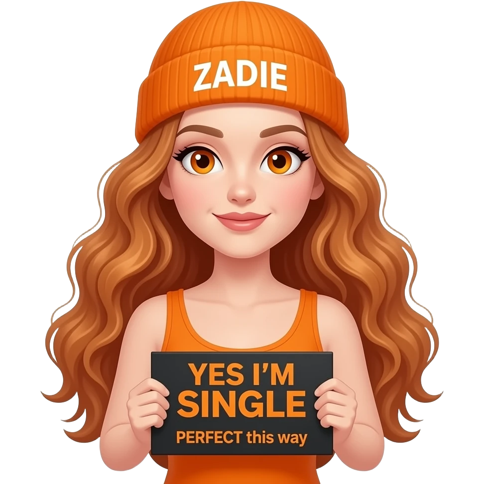 sexy girl with overlong wavy ginger hair and ginger eyes wearing a orange tanktop and a orange beanie with ZADIE written on it, is holding a black sign with YES I'M SINGLE and PERFECT this way written on it emoji