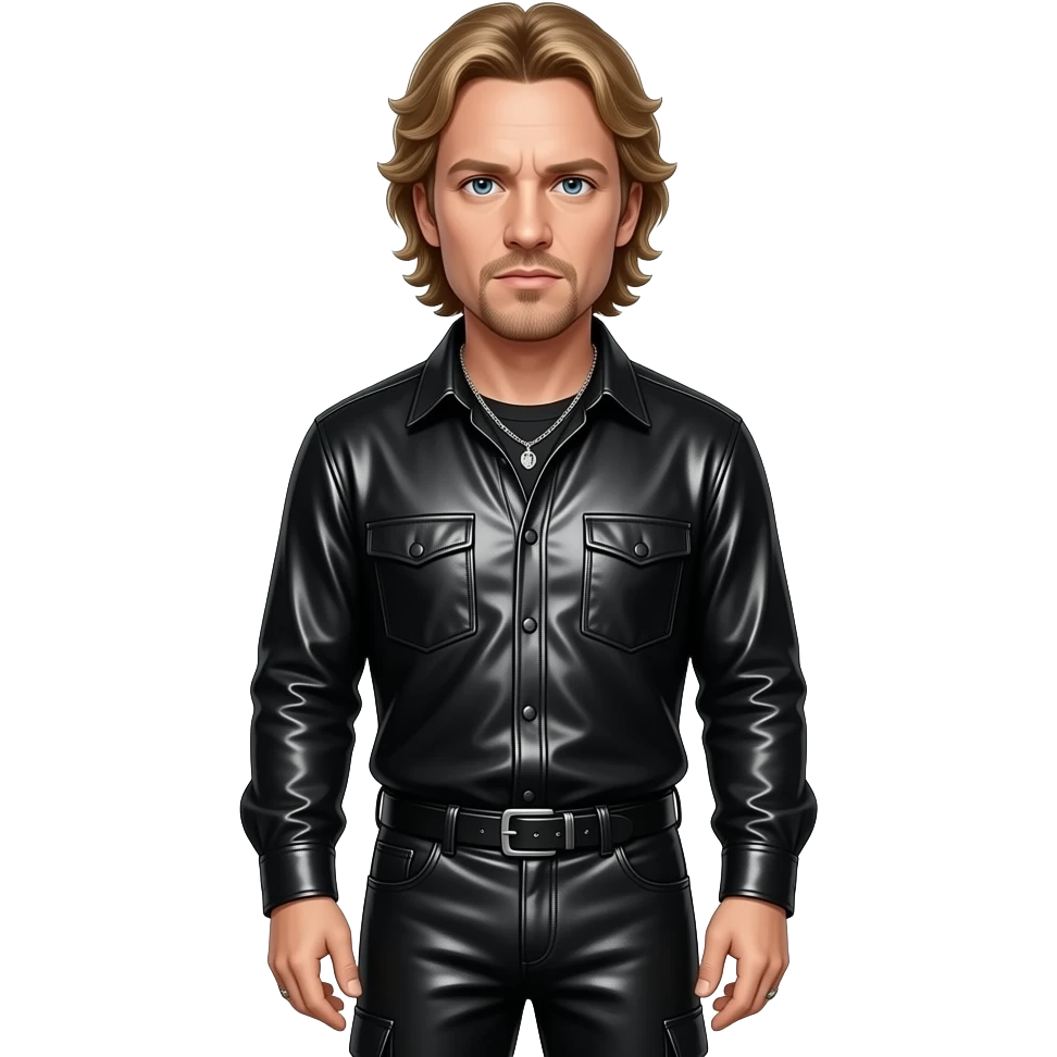 James Hetfield with blue eyes, golden brown hair, black metallic shirt, black metallic baggy pants, silver necklace emoji