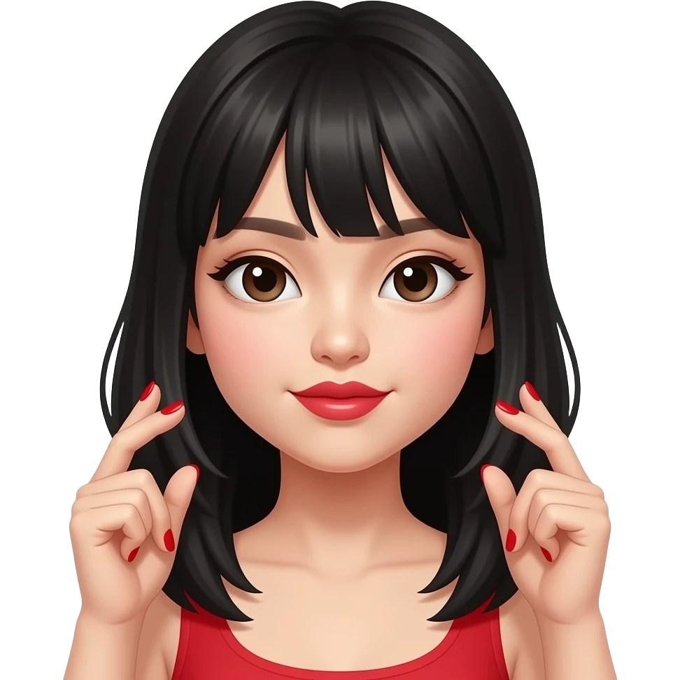 Asian girl with duck lips and red nails emoji