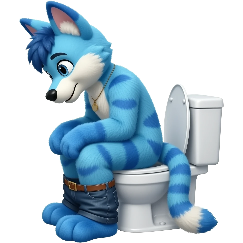 blue fursuit sitting on toilet, side view, pants down, constipated emoji