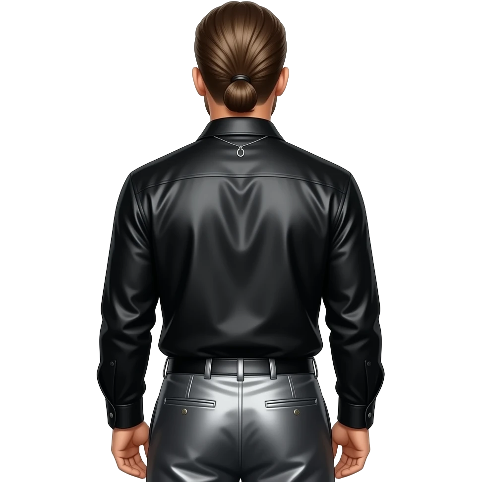 Justin Timberlake from behind with low ponytail hair, black metallic shirt, dark gray metallic baggy pants, necklace emoji