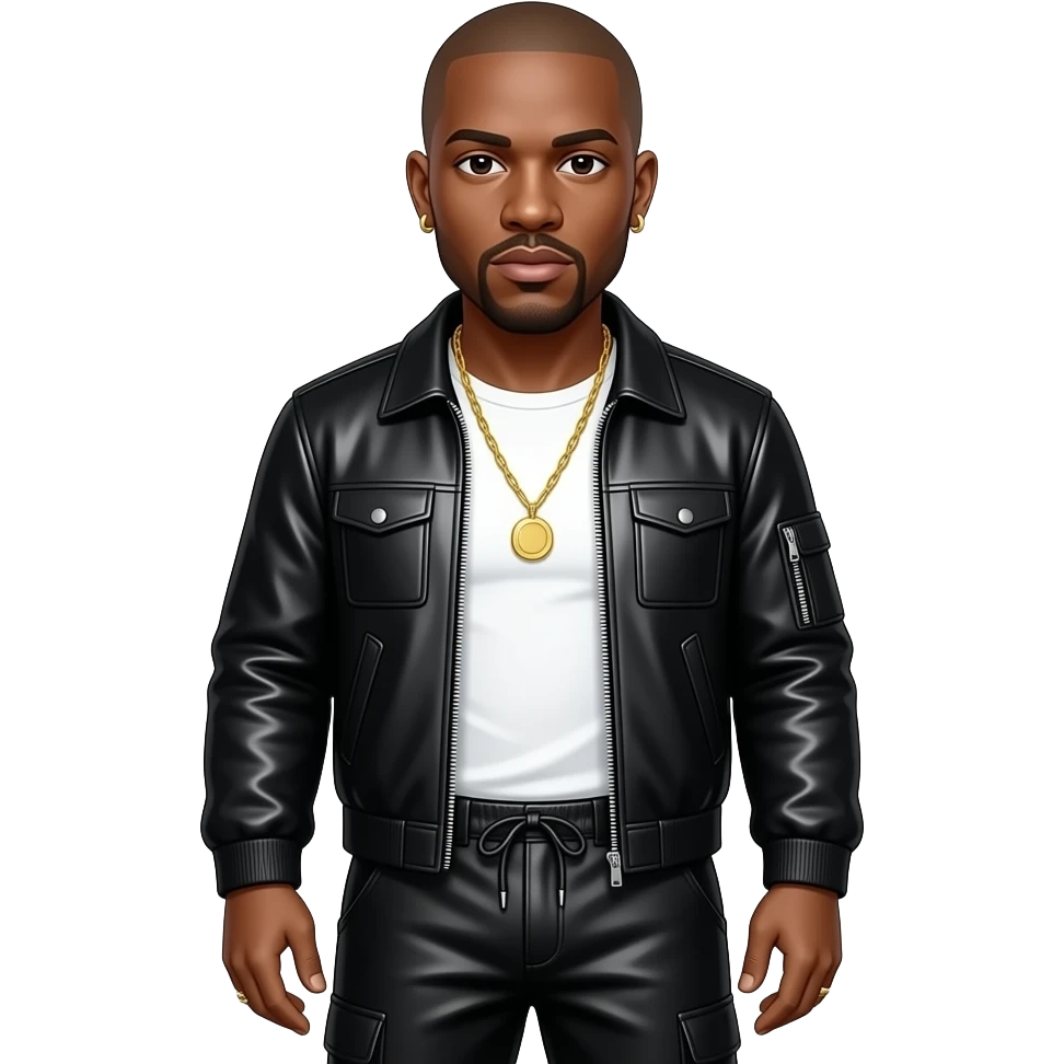 Bryan "Birdman" Williams with bald, white T-shirt, black metallic jacket, black metallic baggy pants, gold necklace and earrings emoji