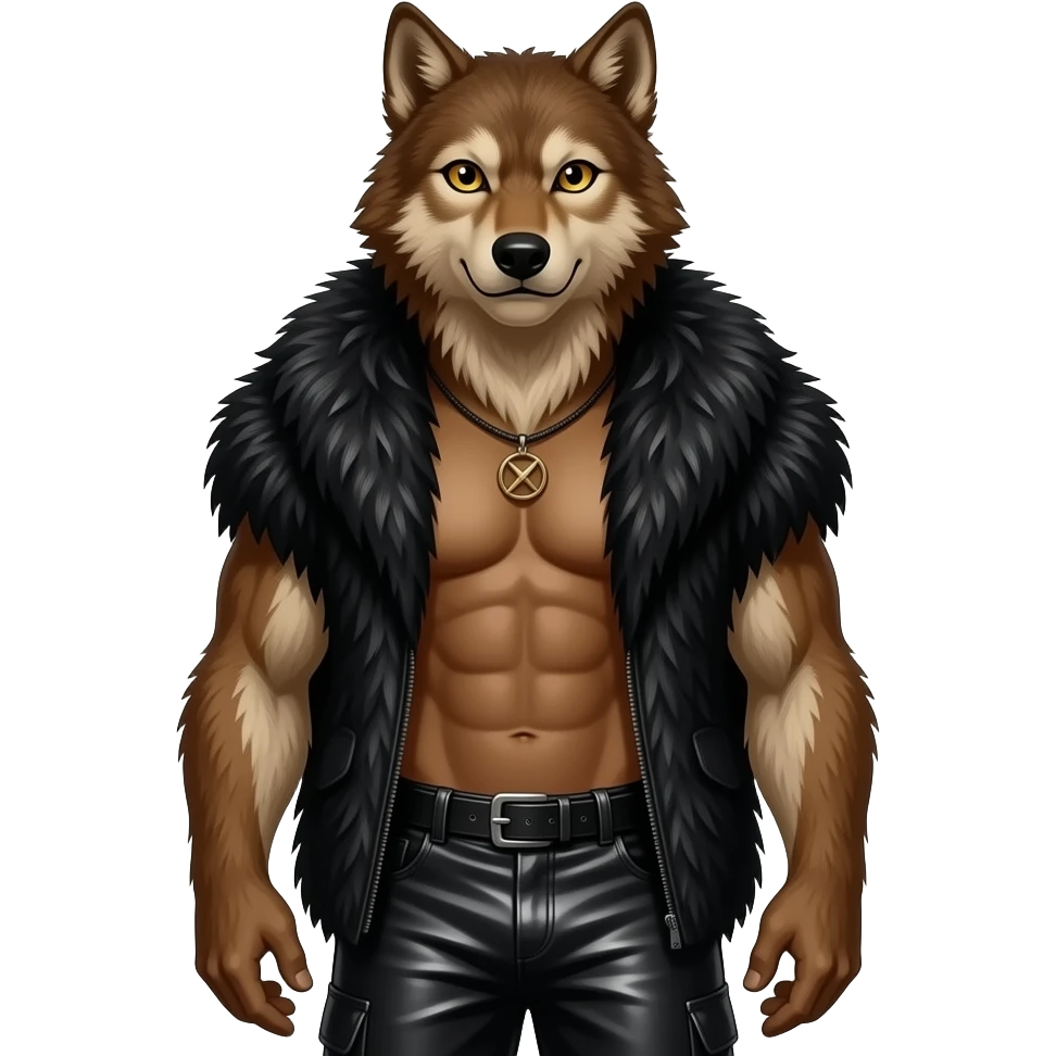The Wolf Man with brown fur, gold eyes, black fur shawl, black metallic baggy pants, shirtless with necklace emoji