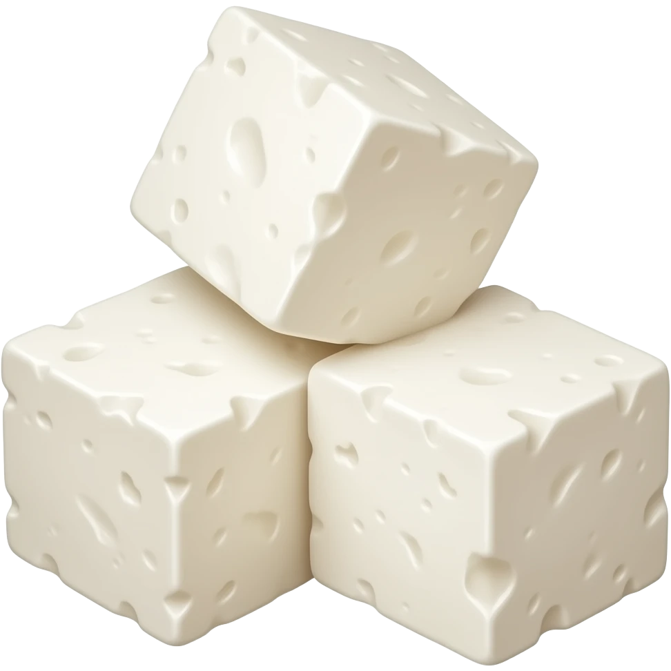 Feta cheese cubes, small white creamy blocks, soft crumbly texture, slightly moist surface, fresh dairy appearance, appetizing food emoji style, emoji