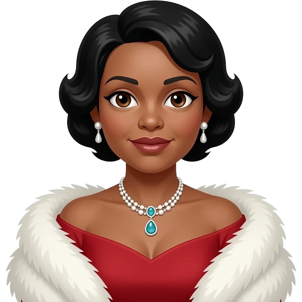 Marian Anderson with dark brown eyes, black hair, red off shoulder dress, white fur shawl, necklace and earrings emoji