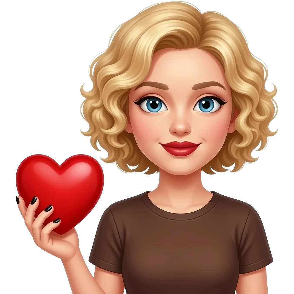Short blond hair in curly sed swept holding a big red heart in with black nail polish and dark red lipstick, in a brown t shirt emoji