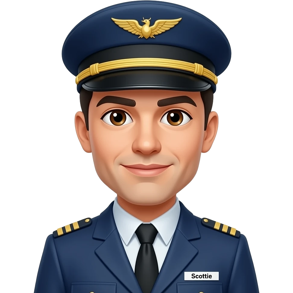Pilot Black hair white skin brown eyes with hat and name tag “Scottie” emoji