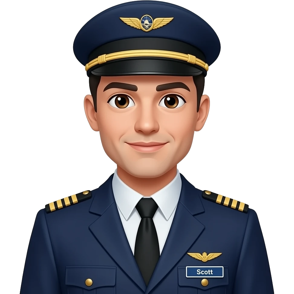 Full body Male Pilot w blazer's Black hair white skin brown eyes with hat and name badge under wing badge “Scott” emoji