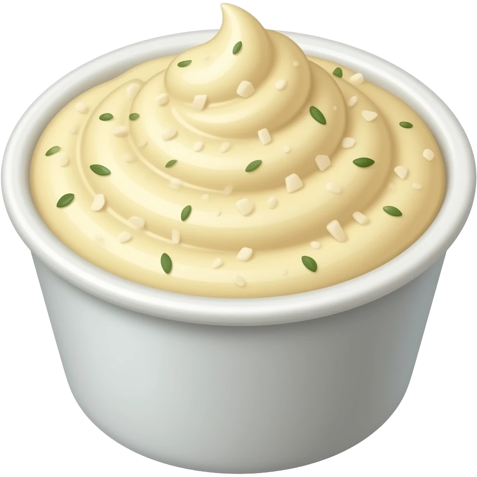 Creamy Alfredo sauce in a small round cup, light cream-colored with a rich smooth texture, topped with grated Parmesan and herbs, аппetizing food emoji style, minimalistic, bright, clean emoji design emoji