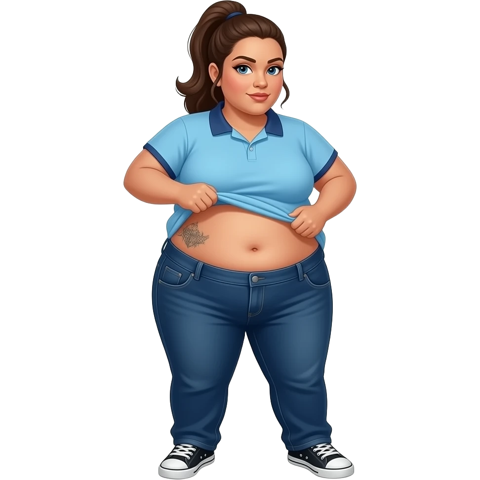 Obese Hispanic woman with brown ponytail and blue eyes light blue dark blue lined polo and dark blue baggy jeans and belly button and black and white sneakers lifting her shirt belly tattoo on front emoji