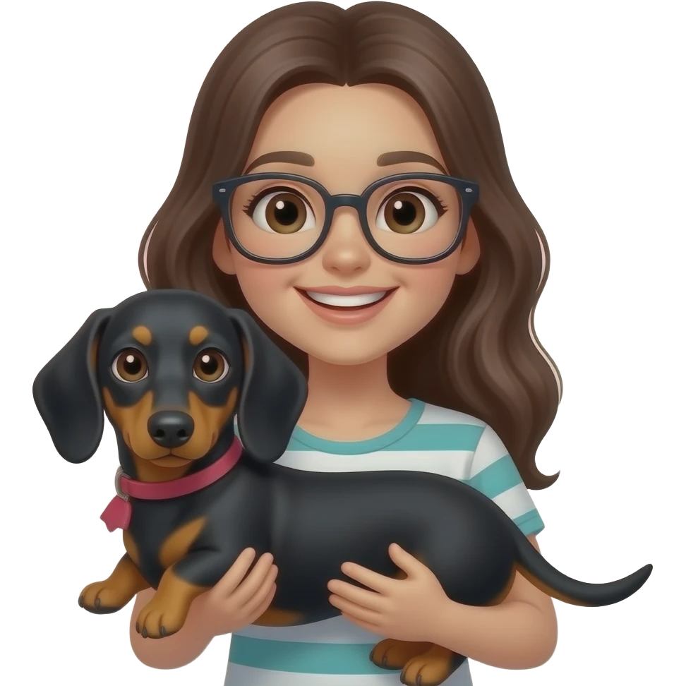 brunnete girl with big smile and glasses holding a daschund emoji