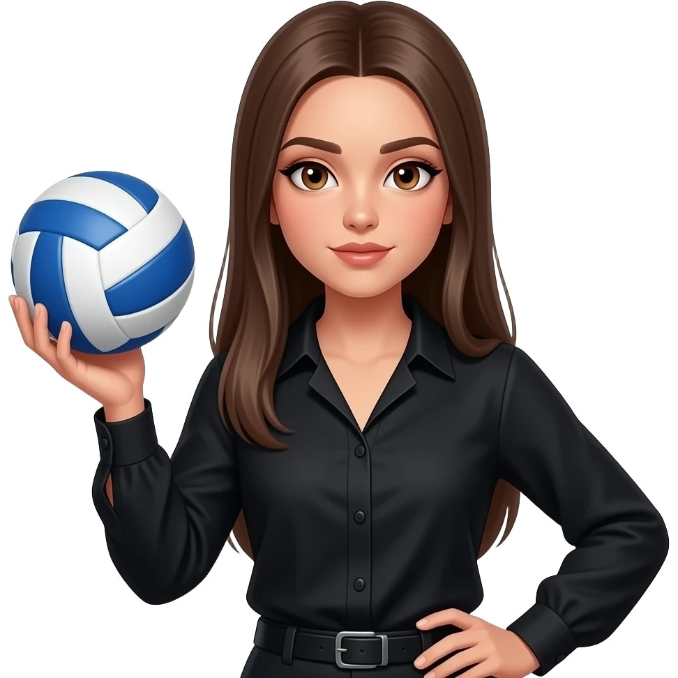With masculine a little bit like man features, Long brown hair girl, light brown eyes and little bit tanned skin she has makeup with black eyeliner and her stare is magnethic. Handle voleyball ball. Her hair is straight and loose, not messy. Hair is extremely long. She wears black elegant blouse emoji