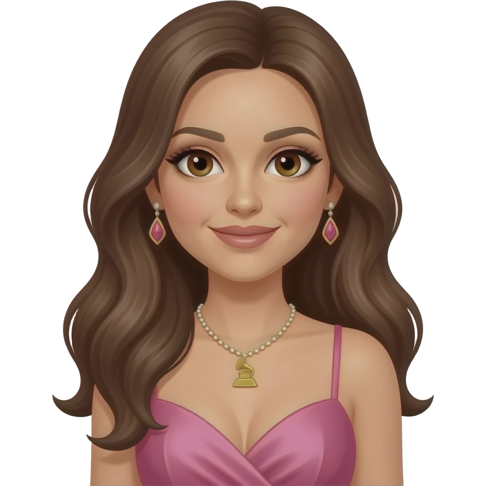 Britney Spears with brown eyes, long brunette hair, pink grammy dress, necklace and earrings emoji