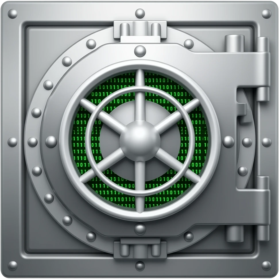 a vault with green computer code coming out as a logo emoji