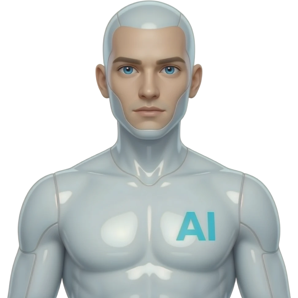 Erstelle eine sexy männliche Science-Fiction AI mit durchsichtiger weißer und glänzender Plastik artigen Haut, das Gesicht und Körper auch. er hat keine Augenbrauen und keine Haare. Ein AI Logo als Schrift leichten blau auf seiner rechten Brust und seine Augen leuchten  auch blau emoji