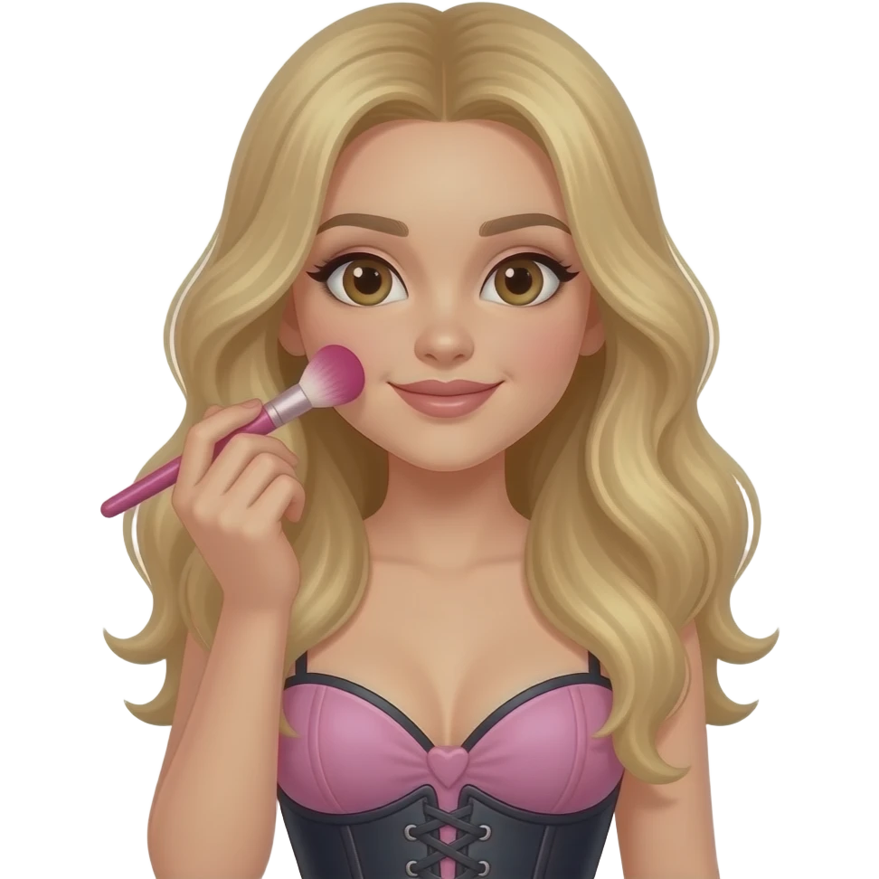 Menina loira de cabelo longo loiro ondulado e olhos castanhos se maquiando com pincel rosa e usando um corset estilo sabrina carpenter emoji