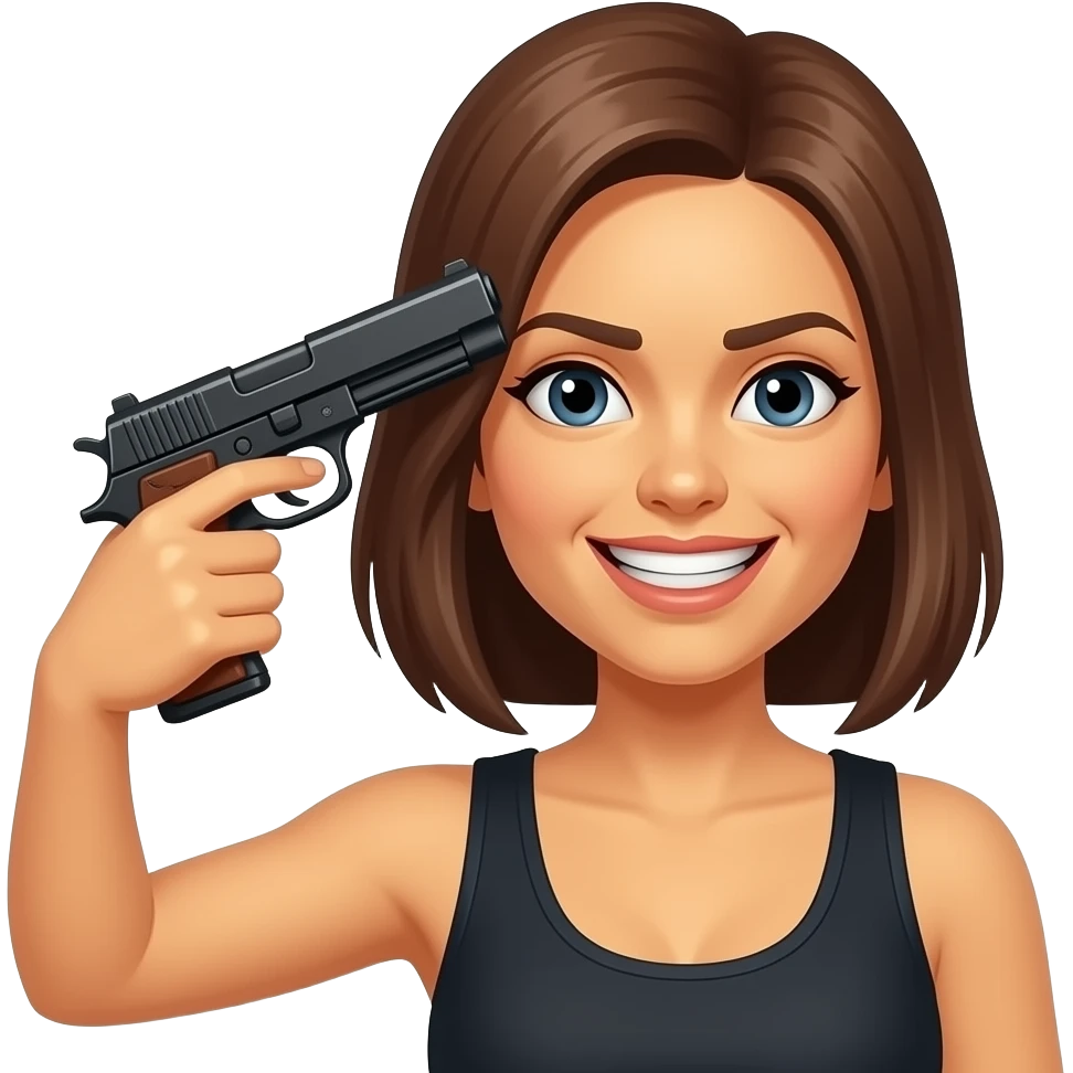 yellow female with brown hair emoji painful smile 😃 with holding 🔫 to side of head emoji