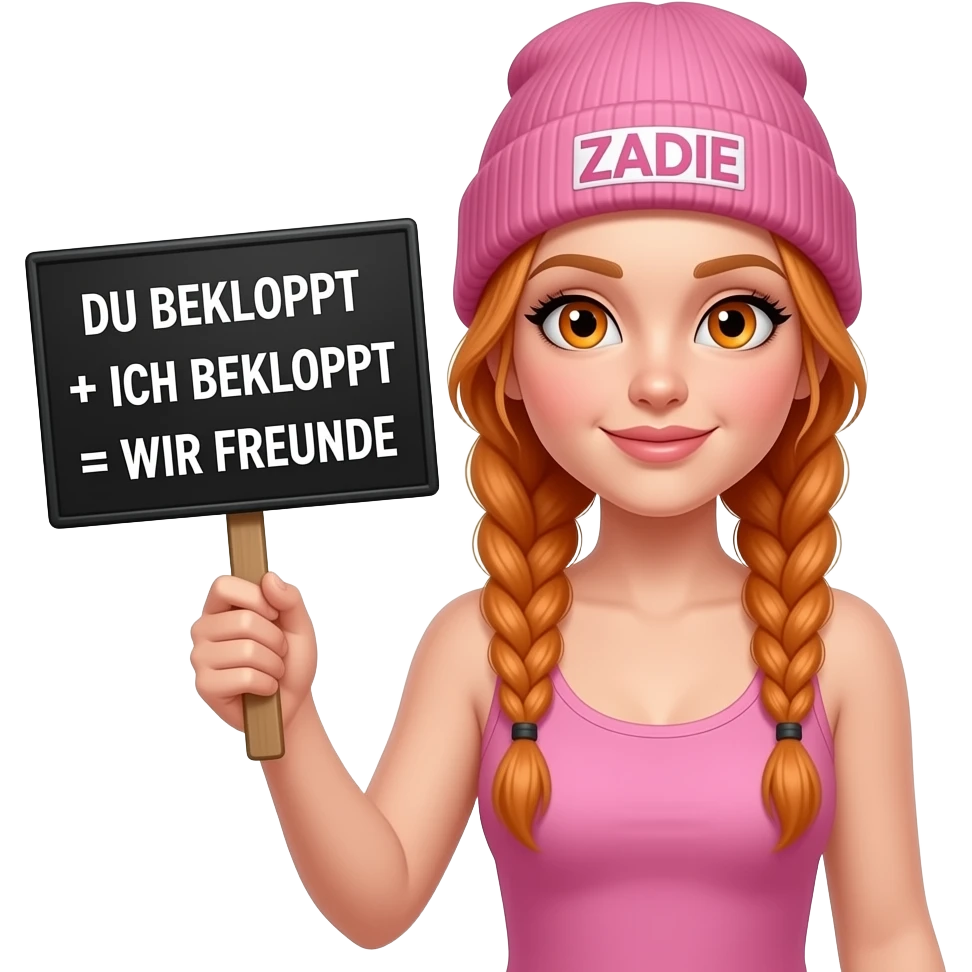 sexy girl with overlong ginger braids and ginger eyes wearing a pink tanktop and a pink beanie with ZADIE written on it, is holding a black sign with DU BEKLOPPT + ICH BEKLOPPT = WIR FREUNDE written on it emoji