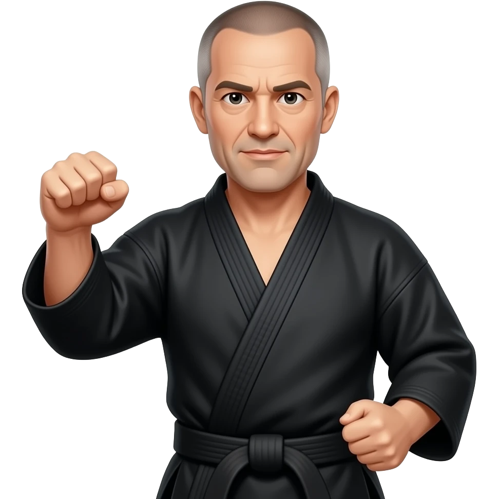 Middle-aged, white man wearing karate uniform , shaved short hair with a black belt doing a punch emoji