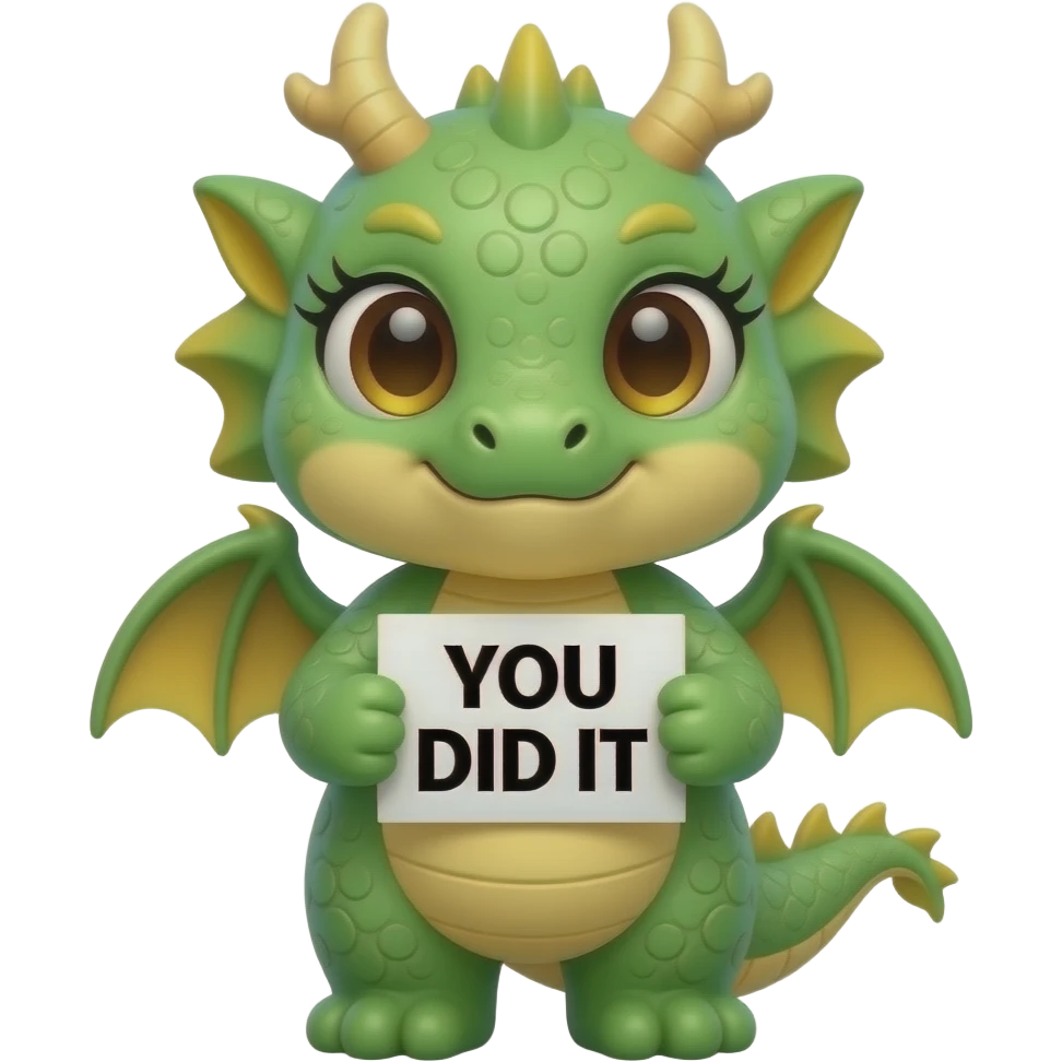 Create a super cute stuffed kawaii green and yellow gradient Animal which Looks Like a Dragon with big eyes and long eyelashes holding a sign in front of its chest that says in bold black font "YOU DID IT" emoji